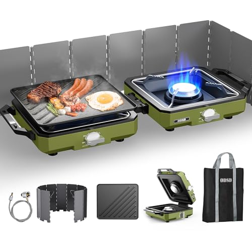 ODSD 2 Burner Camping Stove with Windshield, 20000 BTU Propane Camp Stove, Portable Folding Gas Stove, Camping Essentials ...