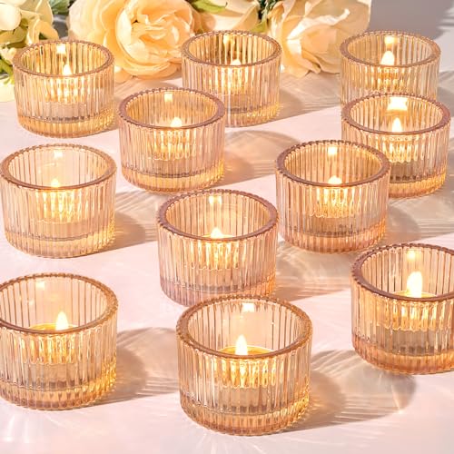 HAVITI 24 pcs Tealight Gold Candle Holders, Votive Tea Light Candle Holder Glass for Gold Centerpieces Fall Wedding Table ...
