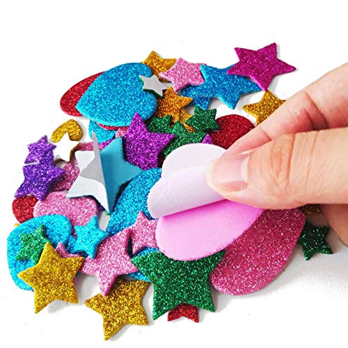 260 Pieces Colorful Glitter Foam Stickers Self Adhesive Stars Mini Heart Shapes Glitter Stickers, Kid's Arts Craft Supplie...
