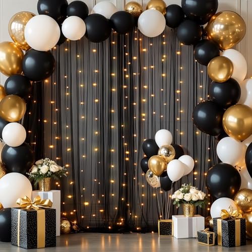 10x10ft Black Tulle Backdrop Curtains with Lights String for Parties,Wrinkle Free Sheer Curtain with Lights Wedding Photo ...
