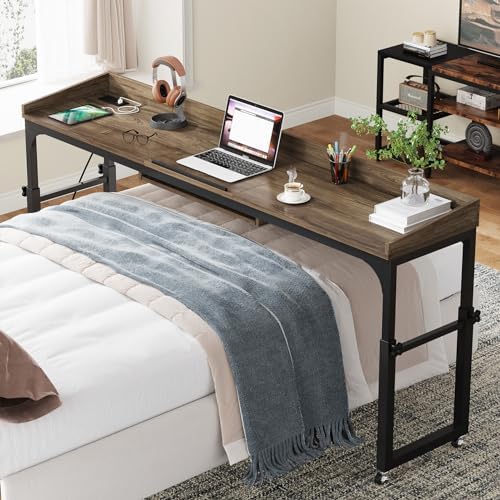 LITTLE TREE Overbed Table with Wheels Adjustable Height, Portable Rolling Table with Outlets & USB Ports for Queen Bed, Giant Computer Desk with Tilt Stand