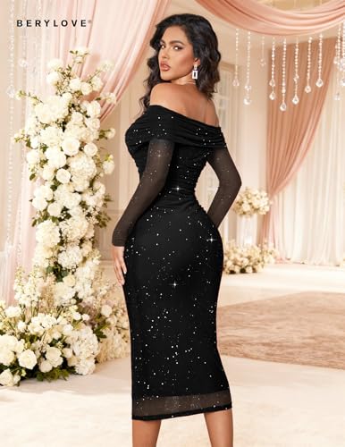 BeryLove Womens Sparkly Off Shoulder Formal Wedding Guest 2026 Cocktail Mesh Sequin Dress