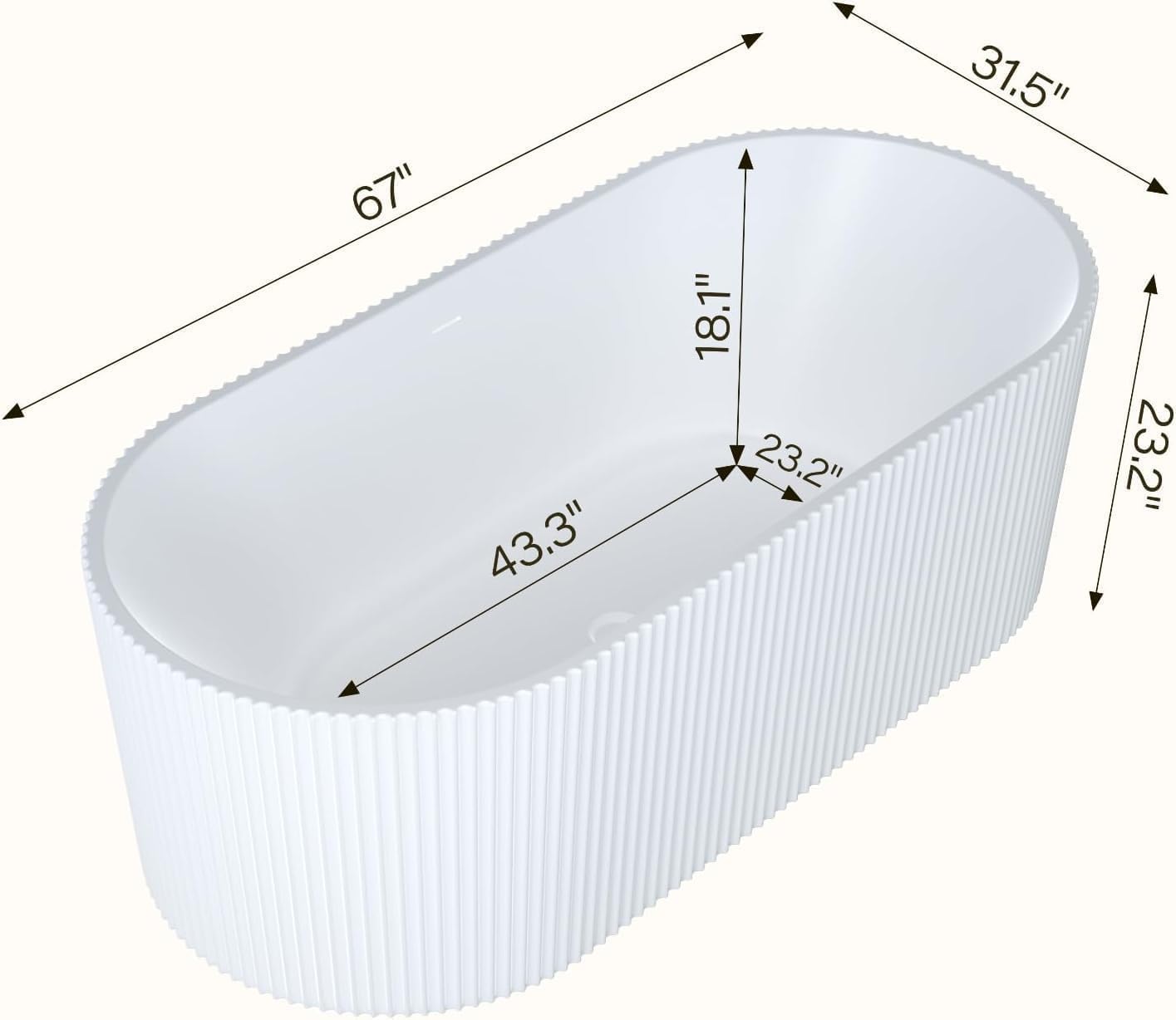 67'' Freestanding Bathtub, Deep Acrylic Soaking Tub with Non-Slip Base, cUPC Certified Modern Free Standing Tub, Chrome Drain, White Bath Tub for Bathroom Remodel and Spa-Like Comfort