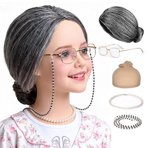 VersaCharm Old Lady Wig Costume for Women,100 Days of School Costume for Kids Girls,Grandma Granny Costume Wig for Hallowe...