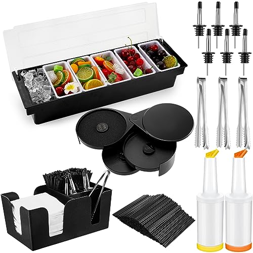 Mifoci Bartending Supplies Garnish Tray with Lid Bar Caddy 3 Tier Glass Rimmer 12 Stainless Steel Bottle Pourers 2 Juice P...