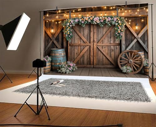 10x8ft Country Wedding Photography Backdrop Rustic Barn Door Photography Backdrop Farmhouse Pink Flower Cabin Wooden Birth...