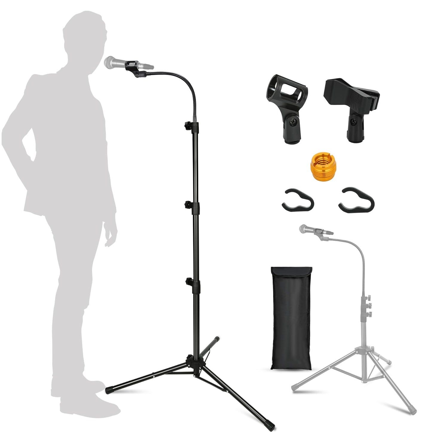 Mic Stand, Boom Microphone Stands Tripod Gooseneck Microphone Stand Height Adjustable from 24 to 67 with 2 Mic Clips for Singing