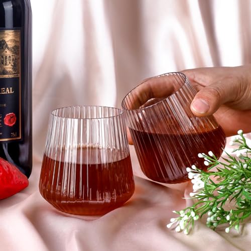 Lueumxc 40 Pack Plastic Ribbed Wine Glasses, 14Oz Origami Disposable Wine Glasses Unbreakable Clear Plastic Cocktail Glass...