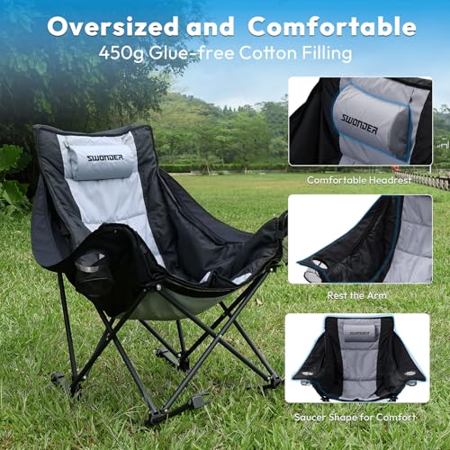 Swonder Oversized Rocking Camping Chair with Innovative 2-in-1 Removable Seat Cushion for All Seasons, Fully Padded Foldin...