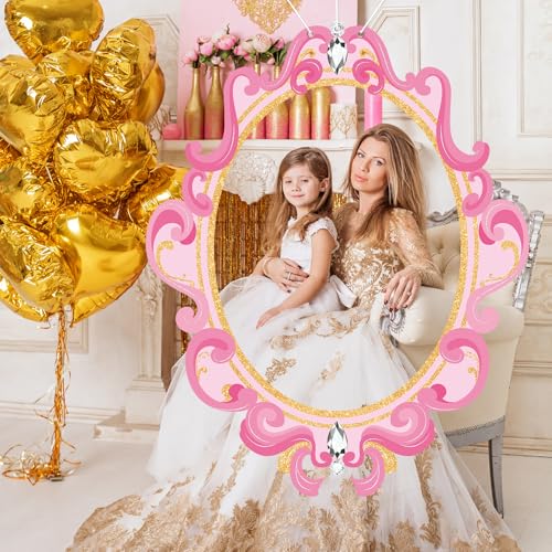 Princess Mirror Photo Booth Props Pink Princess Birthday Party Decorations 63×51 in Fabric Backdrop Mirror Themed Door Ban...