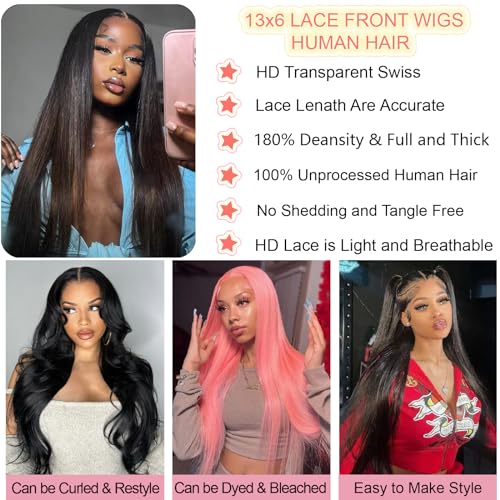 13x6 Lace Front Wigs Human Hair 28 Inch Straight HD Transparent Lace Front Wigs Human Hair Pre Plucked Natural Color 200 Density With Baby Hair for Women