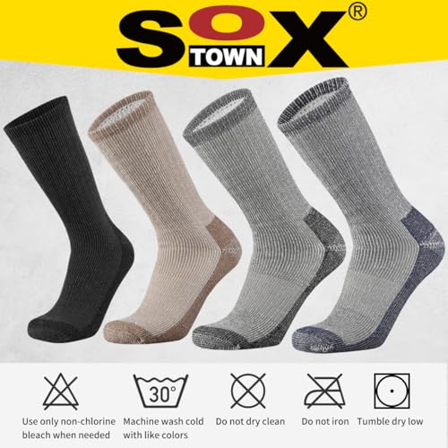 SOX TOWN Men's Merino Wool Cushion Crew Socks Moisture Wicking Control for Outdoor Hiking Work Boot Thermal Warm All Seasons