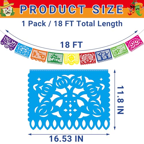18 FT Cinco De Mayo Party Decorations, 1 Pack Fiesta Banner with 9 Plastic Papel Picado, Colorful Mexican Theme Party Flag...