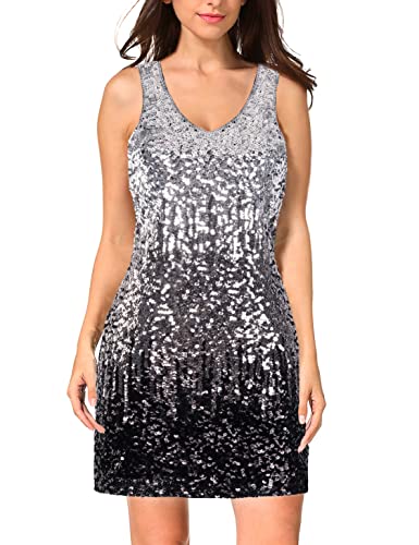 MANER Women's Sequin Dress Sparkly Glitter V-Neck Sleeveless Party Club Cocktail Tank Dress