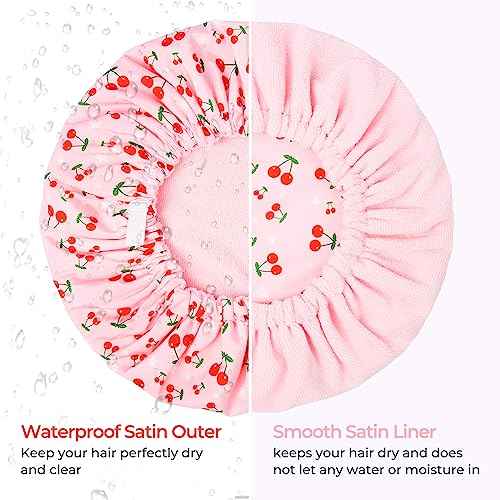Shower Cap for Women Terry Lined Bath Cap Large Reusable Waterproof Elastic Band Pink Shower Caps for Long Thick Hair Soft Bath Shower Hair Caps