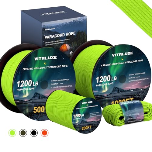 VITALUXE 1200lb Paracord Rope, 4.4mm 15 Triple Strands Paracord, Heavy Duty Tactical Parachute Cord for Survival Gear, Cam...