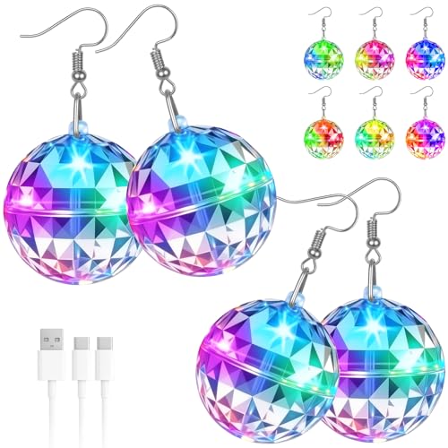 PartyFrenzy 2 Pair Rechargeable Disco Ball Earrings 16 Light Modes, Light up Earrings 32mm Flashing LED Earrings Ball for ...