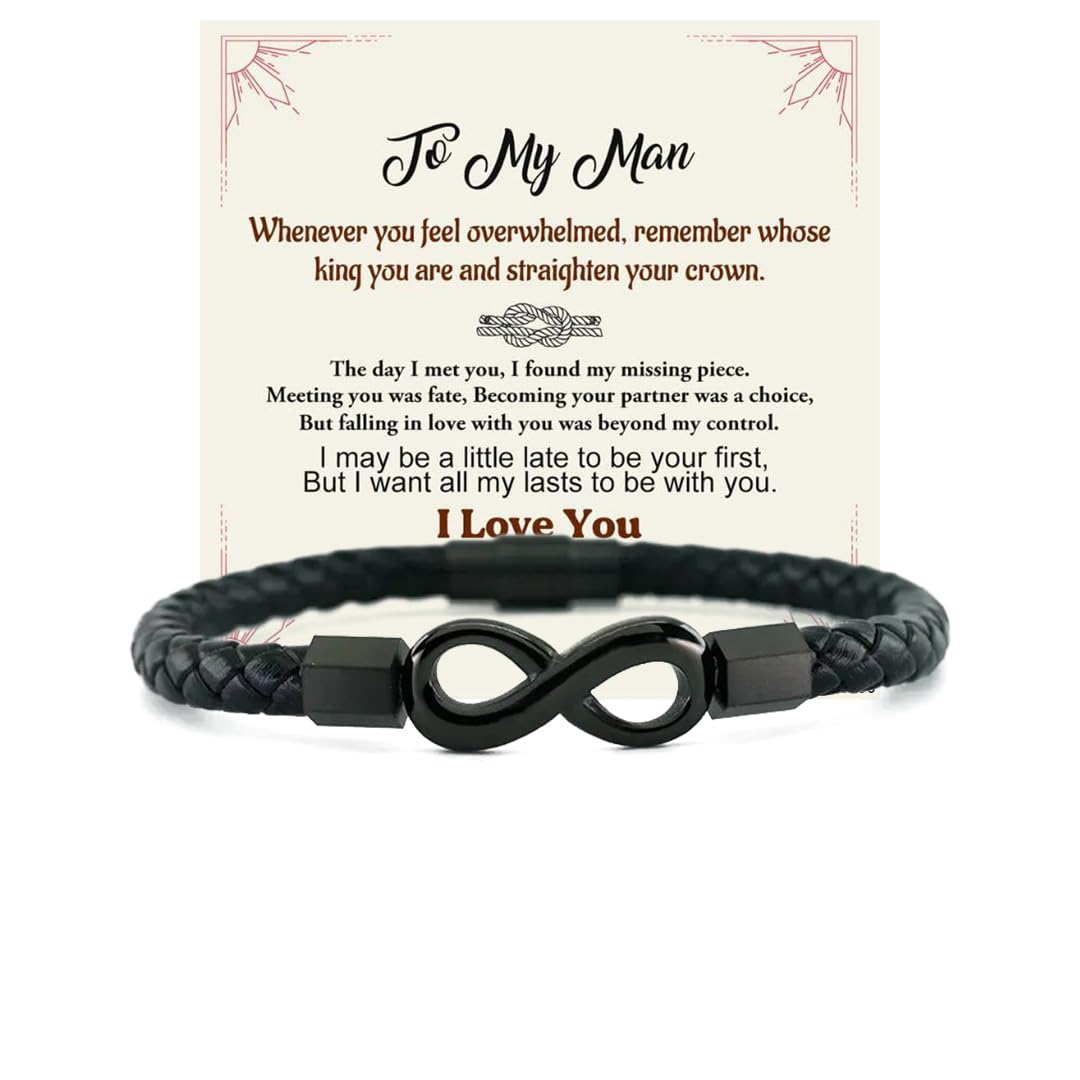 Drelinty To My Man, To My Son, Infinity Leather Bracelet Boyfriend Grandson Gifts Bracelets from Wife Mother Girlfriend Grandmother Love Forever Anniversary Birthday Christmas Gifts for Men Husband Son Grandson (To My Man)