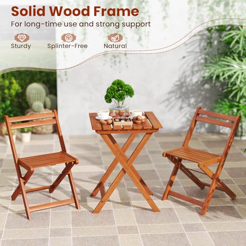 Tangkula 3 Pieces Solid Wood Patio Bistro Set with 2 Folding Chairs, Outdoor Table and Chairs Set, Balcony Furniture Set, ...