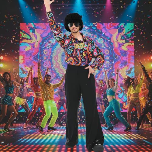 Mepase 6 Pcs Men 70s Disco Costumes Include Retro Shirt Bell Bottom Pants Wig Sunglasses Necklace Wig Cap for Disco Party