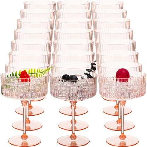 Jingmore 24 Pcs Ribbed Martini Glasses 10 oz Disposable Plastic Vintage Ribbed Coupe Glasses Cocktail Unbreakable Dessert ...
