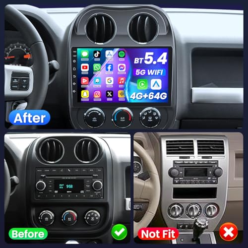 [4G+64G] Car Radio Stereo for Jeep Patriot Compass 2010-2016: Upgrade Bluetooth 5.4 Wireless CarPlay Android Auto with 10 ...