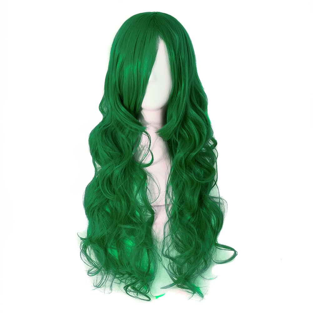MapofBeauty 28 Inch/70 cm Long Wavy Fashion Charming Side Bangs Cosplay Party Curly Wig (Grass Green)