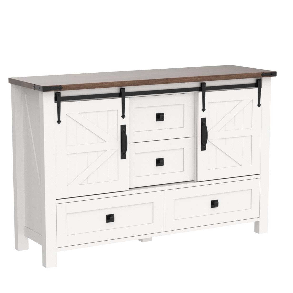 T4TREAM Farmhouse Dresser for Bedroom w/4 Drawers & Sliding Barn Doors, 48'' Wide Chest of Drawers, Rustic Dresser TV Stand w/Shelf, Organizer for Bedroom, Living Room, Entryway, Antique White