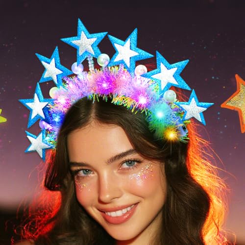 Urieo Light Up Star Headband Led Pearl Halo Headpiece Glow Rave Hair Accessories for Women
