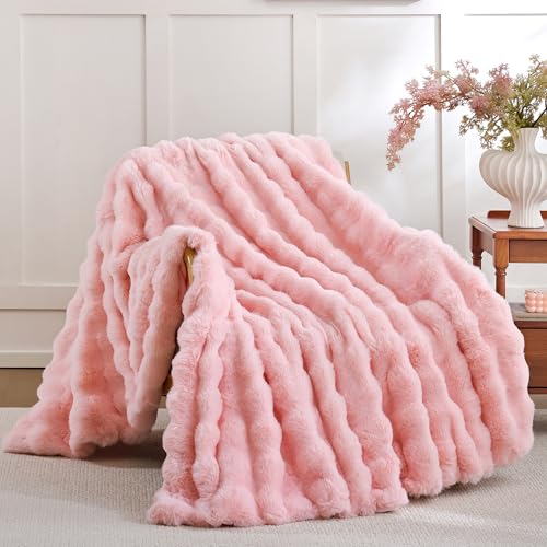 Smoofy Faux Fur Throw Blanket for Couch – Blush Pink Fluffy Cozy Rabbit Fleece, Plush Soft Bubble Blanket for Sofa & Bed, ...