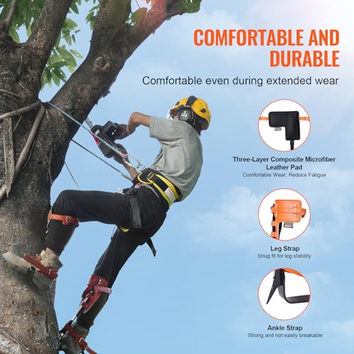 VEVOR Tree Climbing Spikes Set, 1 Pair Height-Adjustable Climbing Spurs with Security Harness and Utility Rope, 350lbs Loa...