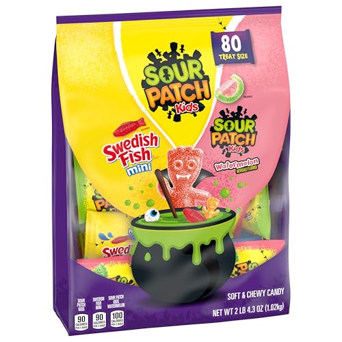 SOUR PATCH KIDS and SWEDISH FISH Mini Soft & Chewy Halloween Candy Variety Pack, Bulk Candy, 80 Trick or Treat Bags