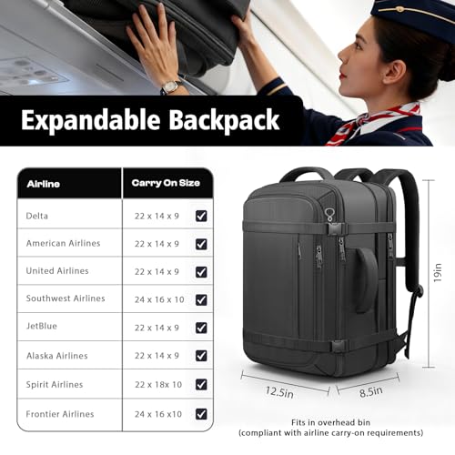 HULVION Travel Backpack,40-50L Expandable Carry On Backpack with USB Cable Port Fits 17.3 Inch Laptop Bag,Water Resistant ...