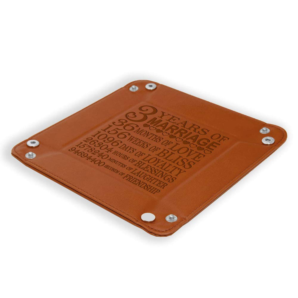 Kate Posh - 3 Years of Marriage Engraved Leather Catchall Valet Tray, Our 3rd Wedding Anniversary, 3 Years as Husband & Wife, Gifts for Her, for Him, for Couples (Rawhide)