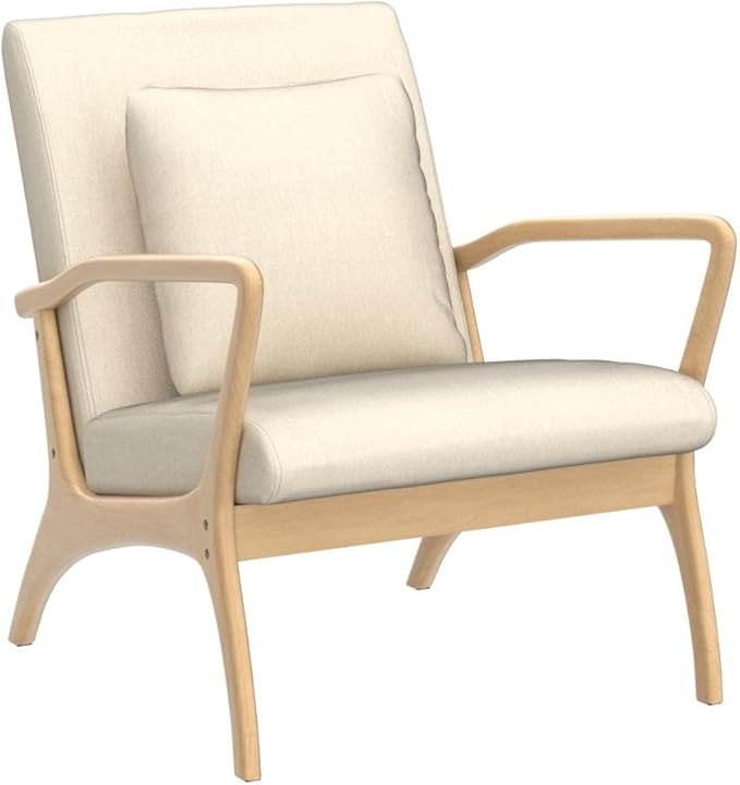 ELUCHANG Accent Chair with Lumbar Pillow,Mid-Century Modern Armchair, Linen Fabric Comfy Reading, Lounge Side Chair for Living Room Bedroom Apartment,Easy Assembly(Beige)