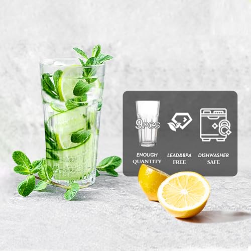 Etolies Highball Drinking Glasses Set of 9, Water Glasses 16 oz,Iced Tea Glasses for Water, Juice, Cocktails,Milkshake,Cok...