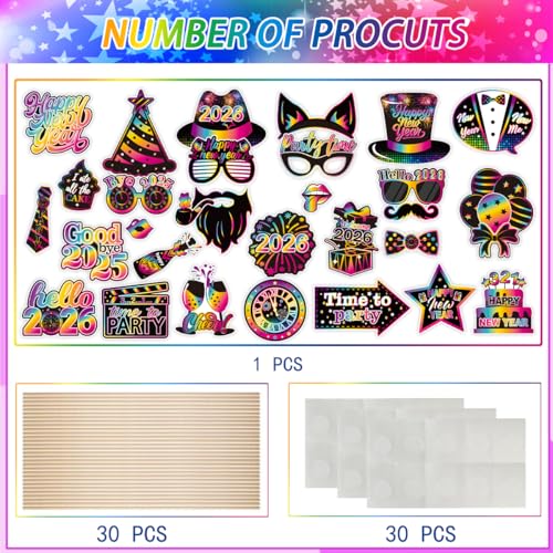 30 Pcs Happy New Year Photo Booth Props, 2026 Glitter Selfie Photo Booth Props Set for New Year Party Decor