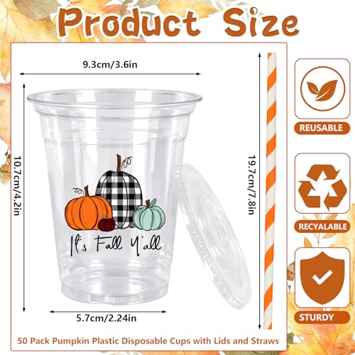 JarThenaAMCS 50Pcs Fall Plastic Cups with Lids and Straws Black White Plaid Pumpkin Clear Plastic Cups 12oz Pumpkin Dispos...