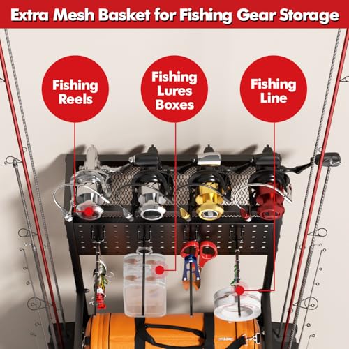 YQSLYSF Fishing Rod Holders for Garage with Pegboard & Metal Mesh Basket, Fishing Rod Storage Rack, Vertical Fishing Pole ...