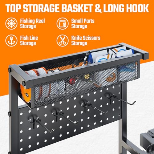 Fishing Rod Holders for Garage, Fishing Pole Rack with 3 Tier shelf, Heavy Duty Fishing Pole Holders with Pegboard and Bas...