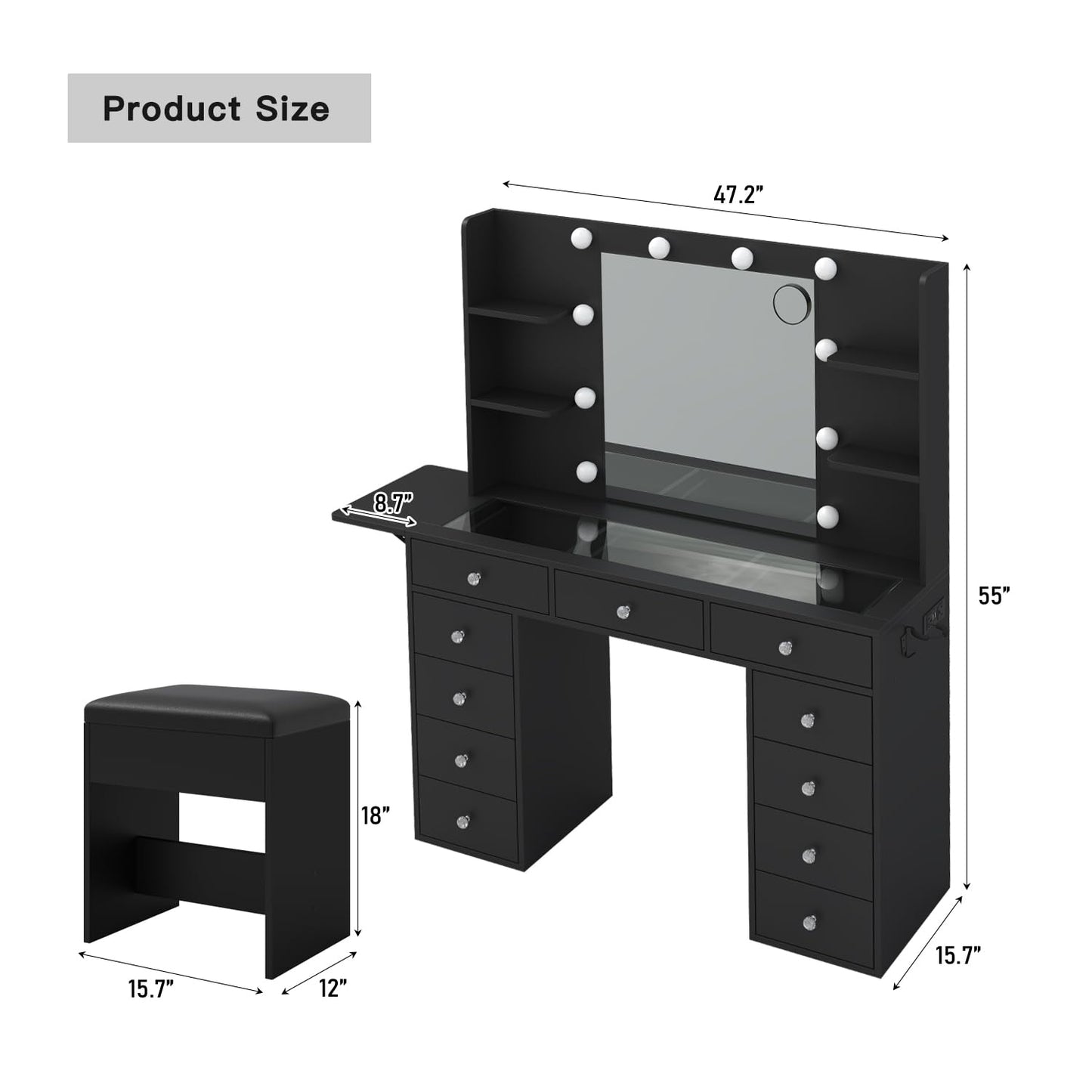 Vanity Desk with Power Outlet, 11 Drawers Makeup Vanity with Lighted Mirror, 3 Colors Adjustable, Glass Top with Chair, 4 Shelves and Fold-up Panel, Vanity Set for Bedroom, Dressing Room, Black
