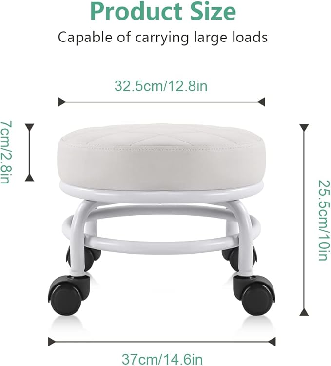 FURWOO Low Roller Seat PU Leather Rolling Stool Step Stool Mechanic Stool on Wheels for Home Office Garage Shop White