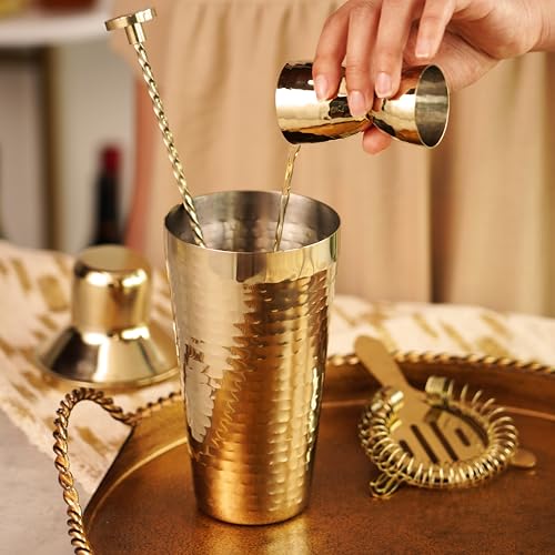 Twine 4-Piece Gold Hammered Cocktail Shaker Set Includes Cobbler Shaker, Strainer, Jigger, Bar Spoon for Classic Cocktail...