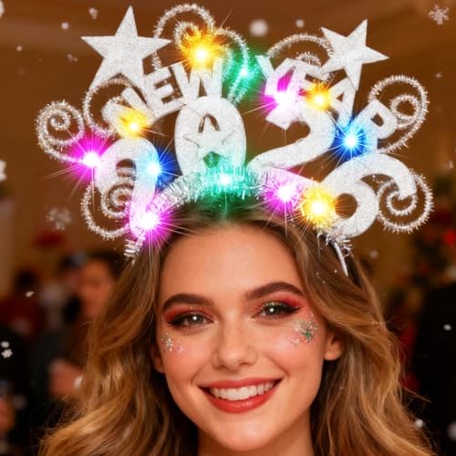 Fashey Light Up New Years Headband 2026 Headbands Happy New Year Accessories for Women (Silver, One size)