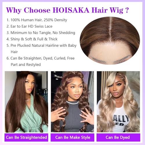 250% Density Body Wave Wigs Human Hair Pre Plucked 22 Inch Chocolate Brown Lace Front Wig Human Hair Brown Wig Pre Plucked Colored Frontal Wigs Human Hair