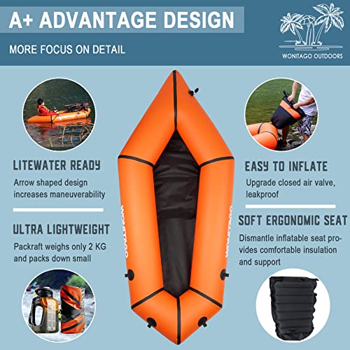 WONITAGO TPU Packraft Portable and Lightweight with Adjustable Carbon Fiber Kayak Paddle, 210 cm Orange