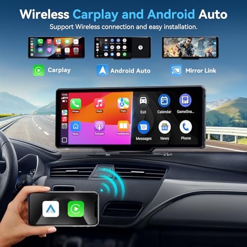 Portable Carplay Screen for Car, 10" Wireless Carplay & Android Auto Car Play Touchscreen with 1080P Backup Camera,GPS Nav...
