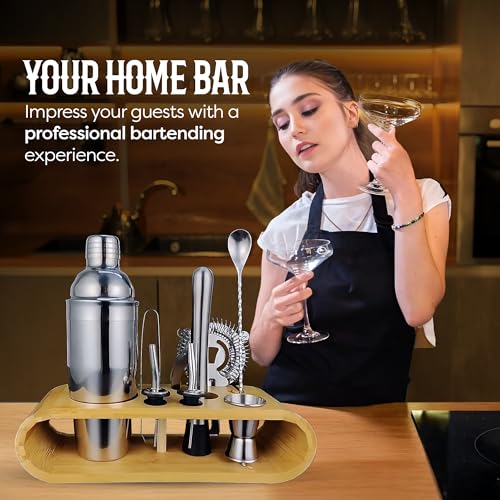 AMERICANISTA Cocktail Shaker Set Bartender Kit with 10 Bar Tools & Bamboo Stand – Martini Shaker, Jigger, Strainer, Muddle...
