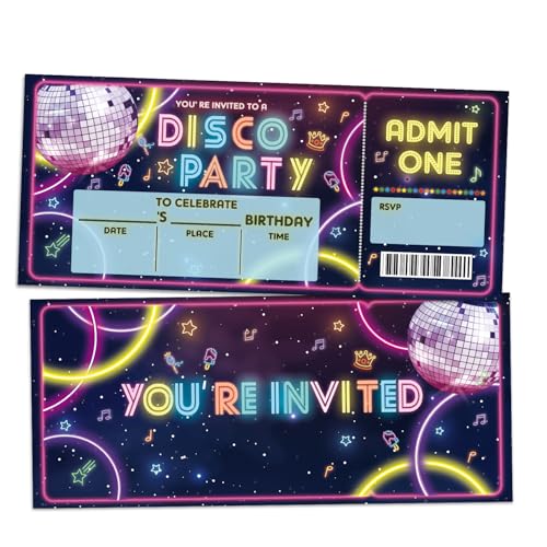 ZARYFANCHY Disco Birthday Party Invitations, Neon Dance Party Invites VIP Tickets, 20 Count Invite Cards With Envelopes, B...