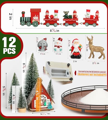 AMH 12 PCS Christmas Table Decorations Set with Oak Rotating Base – Xmas Town Village Centerpiece with Santa, Train, Hous...